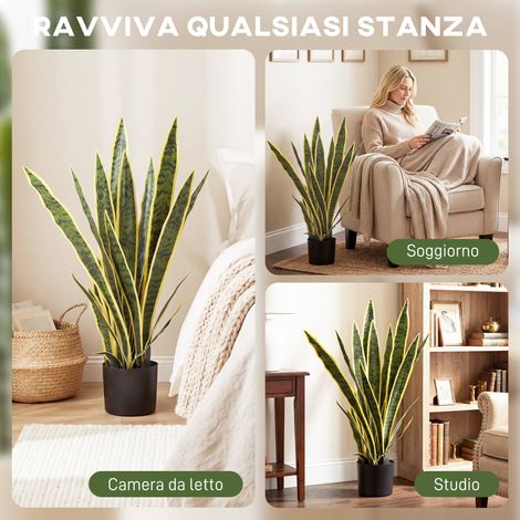Sanseveria artificielle réaliste en pot, 80 cm x Ø15 cm, vert et jaune, plante factice décorative pour intérieur (1/5)