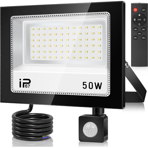 Projecteur LED 50 W avec détecteur de mouvement extérieur, 5000 lm, 7000 K, étanche IP67, avec télécommande, blanc froid pour jardin, garage, terrain de sport, cour (1/5)