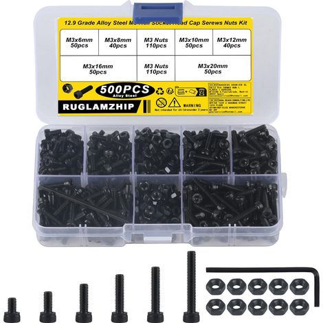 500 pièces Kit de vis M3, Ensemble de Boulons à Tête Hexagonale Assortiment de Vis à Tête Cylindrique, Schémas de Vis à Six Pans Creux en Acier Inoxydable, Vis à Machine avec Écrous (1/5)