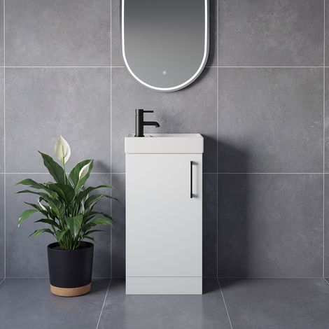Napoli Cube Gloss White 400mm Single Door Vanity Unit with Align Basin - 400mm - Matt Black 160mm Handle