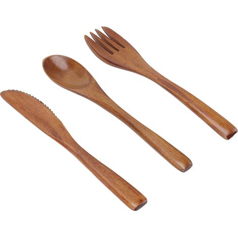 3-teiliges Besteckset, Löffel, Gabel, Messer mit langem Griff, handgefertigtes, punktbemaltes Besteck (1/5)