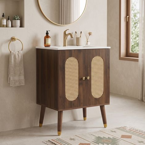URBAN MEUBLE Meuble vasque céramique vintage effet noyer, 2 portes en rotin et pieds en bois massif aux touches dorées, 61 cm (robinet non inclus) (1/5)