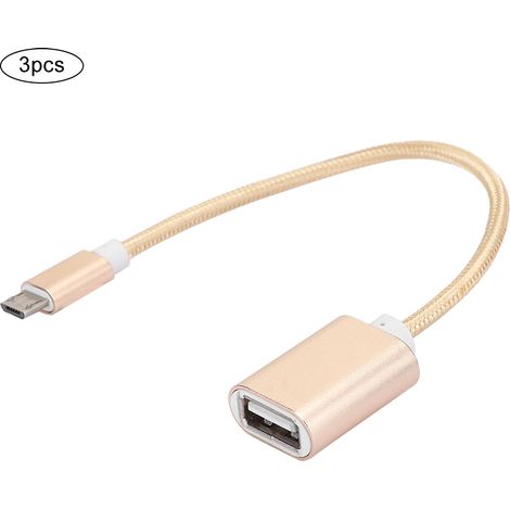 Câble adaptateur OTG (Over-The-Go) pour Android, 3 pièces, renforcé par un connecteur en tissu tissé, antirouille, transmission fluide, entrée USB, sortie micro-USB, couleur or. (1/5)