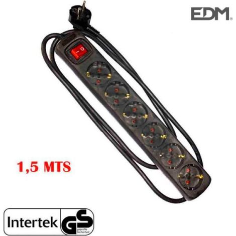 Multiprise - 6 Prises Schuko - Interrupteur Intégré - Câble 1,5 M - Section 3x1,5 Mm² - Puissance Max 3500 W - Noir (1/3)