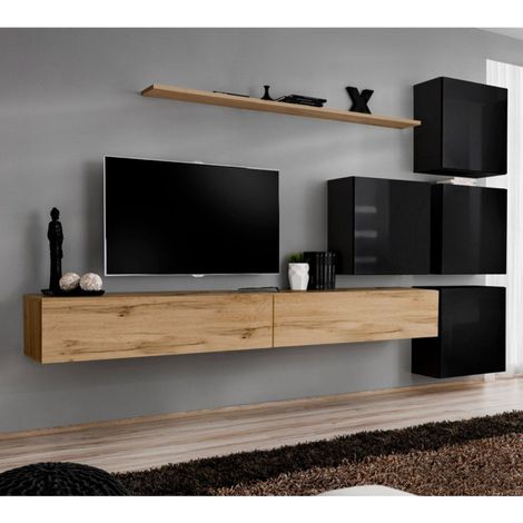 Meuble TV Mural Design "Switch IX" 310cm Naturel & Noir (1/4)