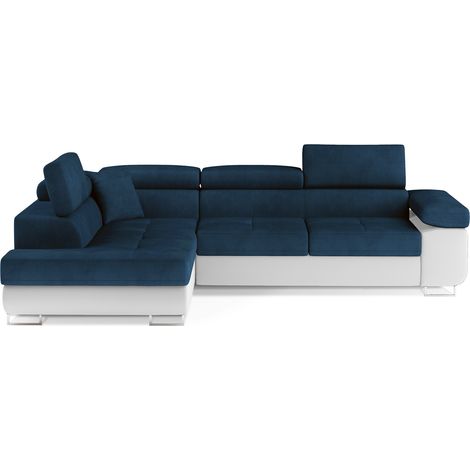 Canapé d'angle convertible simili cuir et tissu MARKA - Coffre et appuis-tête réglables angle gauche-Blanc/Bleu foncé-angle gauche (1/5)
