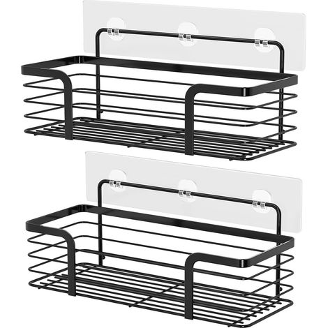 Estante para toallas de ducha, cesta para baño, inodoro, acero inoxidable, sin perforaciones, paquete de 2 (negro)
