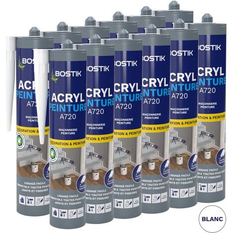 Bostik – Lot de 12 mastics d'étanchéité acrylique 310ml blanc – Pour calfeutrement menuiseries bois et PVC – Résistance thermique -20°C à +80°C