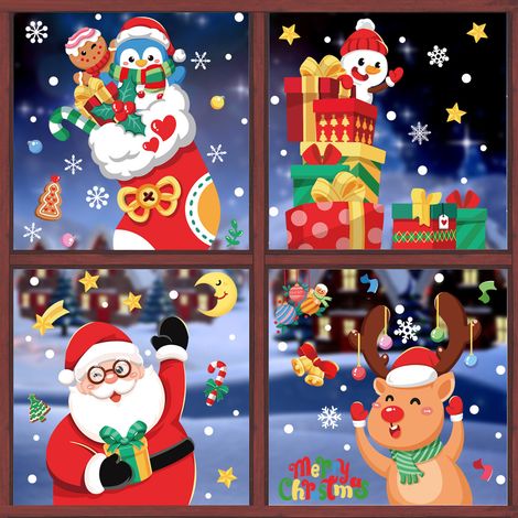 Autocollants décoratifs de Noël pour fenêtres, cadeaux du Père Noël, bonhomme de neige, rennes, autocollants de fenêtre à motifs de dessins animés, autocollants de porte, électricité statique.