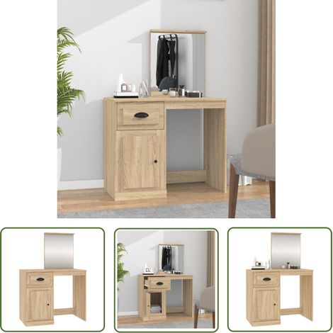 The Living Store Coiffeuse avec miroir chêne sonoma 90x50x132,5 cm - Coiffeuse - Meuble De Salle De Bain - Vanity - Table De Maquillage - Miroir (1/5)