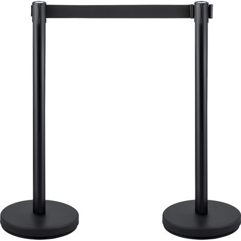 Mophorn Absperrpfosten zur Kontrolle von Menschenmengen – 4er-Set. 2 m langes schwarzes einziehbares Band. Schwarze Barriere mit Beton- und Metallsockel. Einfache Montage
