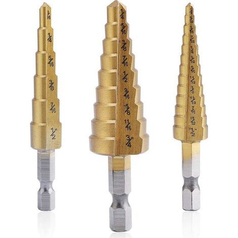 Set mit konischen HSS-Bohrern (Titan-beschichtet) zum Bohren und Schneiden von Blechen, verschiedene Größen, für Heimwerker, 3-teilig (1/5)