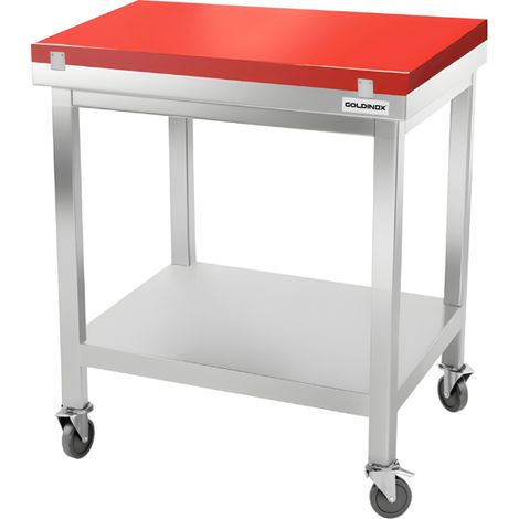 Table de travail en inox 700x700 mm avec plaque de découpe rouge sur roulettes PREMIUM - GOLDINOX (1/4)
