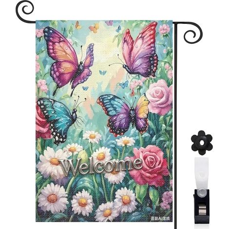 Drapeau vertical papillons et pensées jaunes et violettes 30 x 45 cm décoration saisonnière extérieure (1/5)