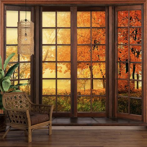 Papier peint panoramique Trompe l'oeil Fenêtre en bois - Automne - 195 cm x 156 cm (1/5)