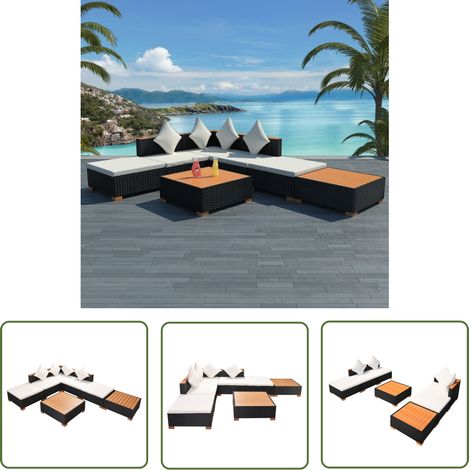 The Living Store 7-tlg. Garten-Lounge-Set mit Auflagen Poly Rattan Schwarz - Gartengeräte - Lounge-Set - Gartenmöbel - Outdoor-Wohnzimmer - Rattanmöbel (1/5)