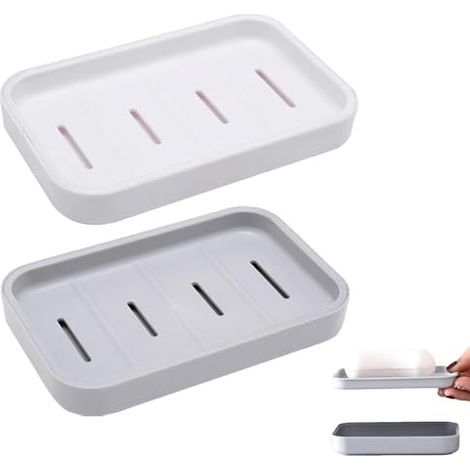 2-teilige Seifenschale mit Abfluss, Seifenhalter mit Ablage, doppelwandige Duschseifenschale aus Kunststoff, tragbare Seifenbox für Bad, Küche und Waschbecken, leicht zu reinigen, trocken (Grau + Weiß (1/5)
