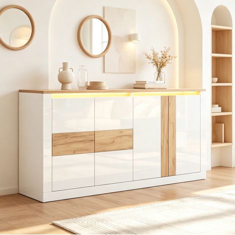 Credenza 140x35x70 cm con 4 ante e LED RGB, contenitore, MDF bianco laccato ed effetto rovere per soggiorno (1/5)