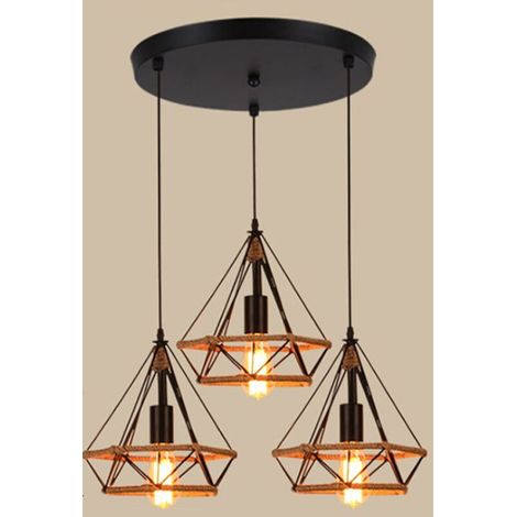 – Lustre suspension industrielle cage diamant en fer et corde de chanvre – Finition galvanoplastie – 3 ampoules E27 – Longueur câble 100 cm (1/5)