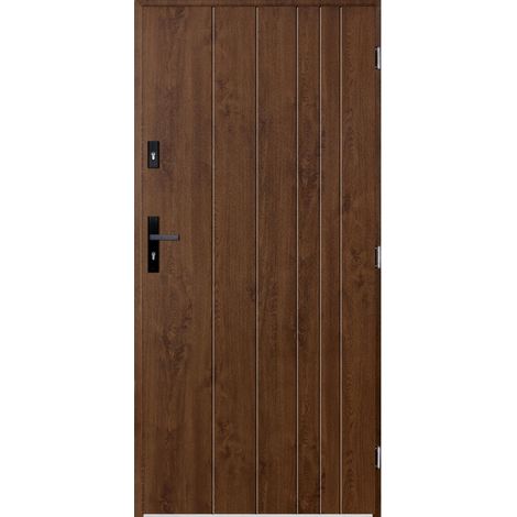 Porte d'entrée simple GUTA 90 cm noyer - Poignée et serrure : Sans - Poussant: Droit