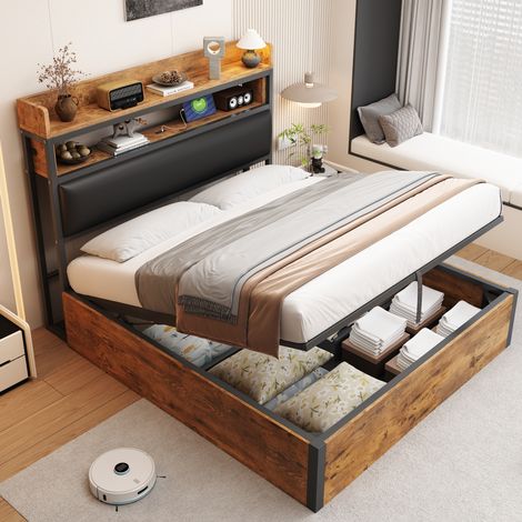 Cama 140x200 cm negra de metal y madera con almacenaje hidráulico y USB (1/5)