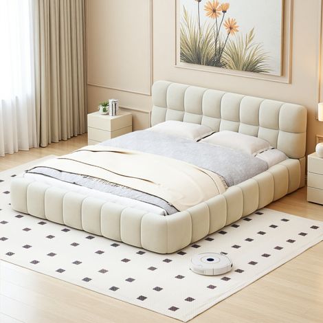 Letto matrimoniale imbottito 140x190 cm, rivestito in lino, doghe in legno massiccio, letto matrimoniale, stile scandinavo - Beige