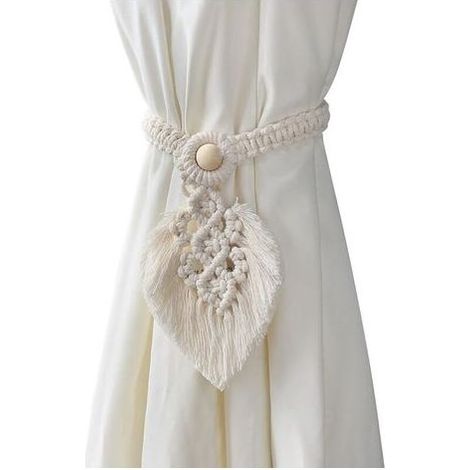 Lot de 2 supports de cravates de rideau bohème, fabriqués à la main, en corde de coton tissées à la main, blanc cassé (1/5)
