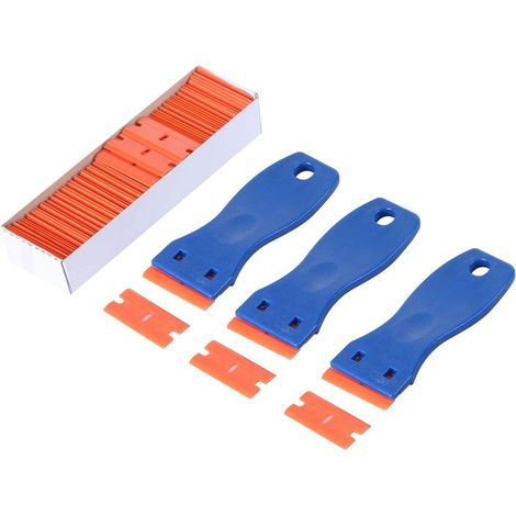 Lot de 3 grattoirs à lames de rasoir en plastique avec poignée ergonomique, 100 lames de rasoir double tranchant rechargeables, idéales pour l'automobile (1/4)