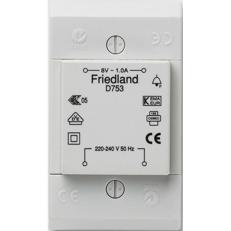 Honeywell D753 Klingel-Transformator 8 V/AC 1 A – Für AP-Montage – 1 A Leistung – Kompatibel mit Video-Türsprechanlagen – Friedland