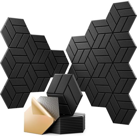 Paneles de pared autoadhesivos hexagonales de espuma fonoabsorbente de alta densidad, ideales para estudios y oficinas. Paquete de 12 unidades (negro). (1/5)