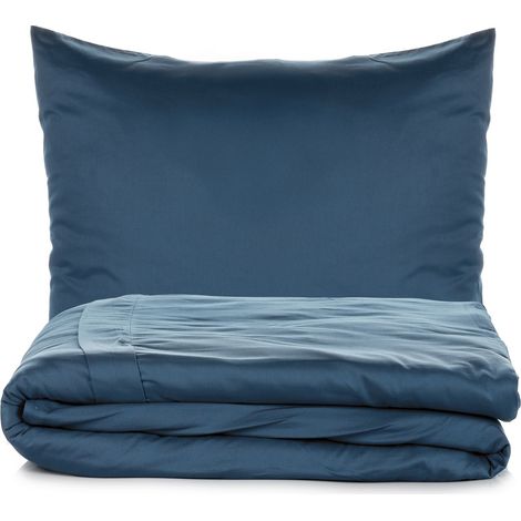 Parure de lit - 1 housse de couette 220 x 240 cm + 2 taies d'oreiller 60 x 60 cm - 100 % satin de coton - Bleu