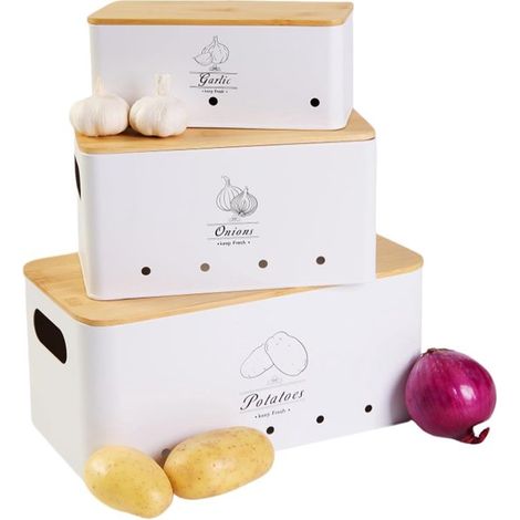 Ensemble de 3 boîtes de rangement pour légumes - Bac à pommes de terre - Boîtes de rangement avec couvercle - Boîtes de conservation pour aliments - Acier au carbone - BLANC (1/5)