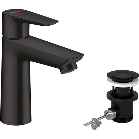 Mitigeur de lavabo avec tirette et vidage, économie d'énergie (CoolStart), Robinet de salle de bain avec hauteur sous bec 104 mm, économie d'eau (EcoSmart), Noir mat, 71713670 (1/5)