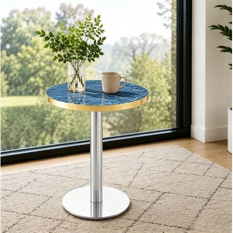 Tavolino rotondo in MDF e metallo, 60 cm, blu, altezza 73,7 cm, stile marmo, per salotto e camera (1/5)