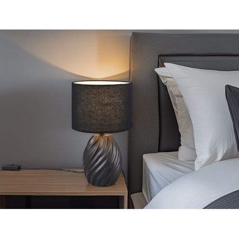 LED Tischleuchte mit Keramikfuß und Stoffschirm in Schwarz, Höhe 31cm (1/5)