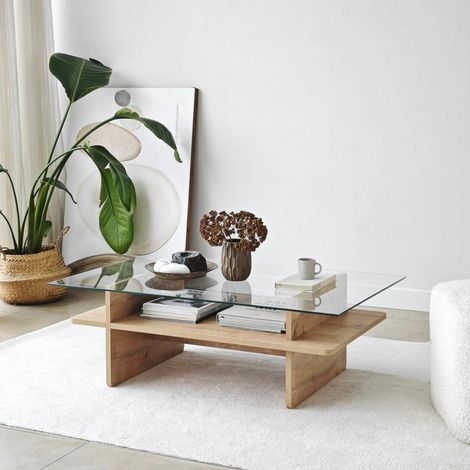Table basse design 2 plateaux, verre et effet bois SALTA (1/5)