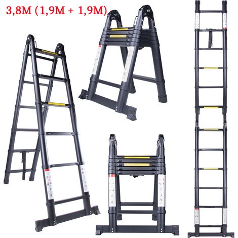 Scala Telescopica Pieghevole, 3.8 Metri Scaletta in Alluminio con Barra Stabilizzatrice Gancio, Carico di 150 kg (Nero) (1/5)
