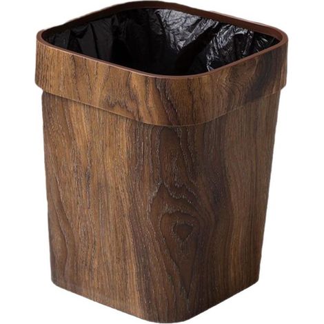 Poubelle carrée sans couvercle à bague de maintien pour sac poubelle, 16L plastique imitation bois vieilli résistant, corbeille à papier style rustique pour hôtel, restaurant, cuisine professionnelle, (1/3)
