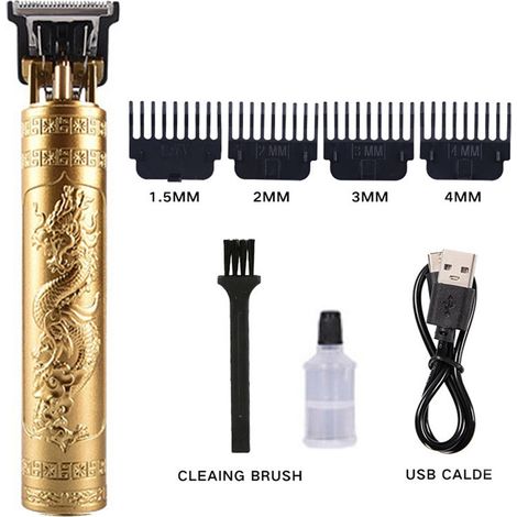 Tondeuse Professionnelle sans Fil pour Hommes Kit de Toilettage avec Combs et Lubrifiant Tête Métal Dragon/Bouddha Option 150x25x25mm Noir/Gold/Bronze Charge USB 30 Min (1/4)