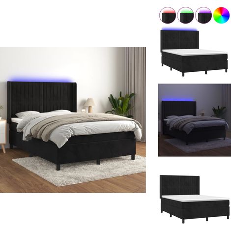 Sommier à lattes de lit matelas et LED Noir 140x200 cm Velours - Lit Capitonné - Lit Design - Lit Double - Tête De Lit Ajustable - Éclairage Led (1/5)
