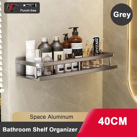 Étagère de salle de bain sans perçage (40 cm, gris) - Fixation murale en aluminium - Organisateur mural pour salle de bain (1/5)