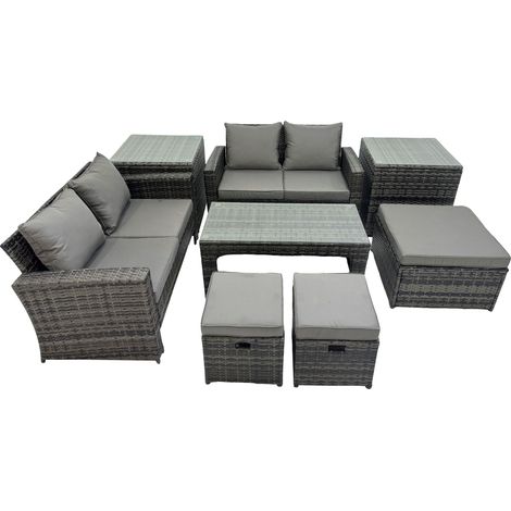 Fimous Outdoor Love Sofa Set 7 Seat Rattan Garden Furniture Set with Oblong Coffee Table 3 Footstools 2 Side Table Dark Grey Mixed (1/5)