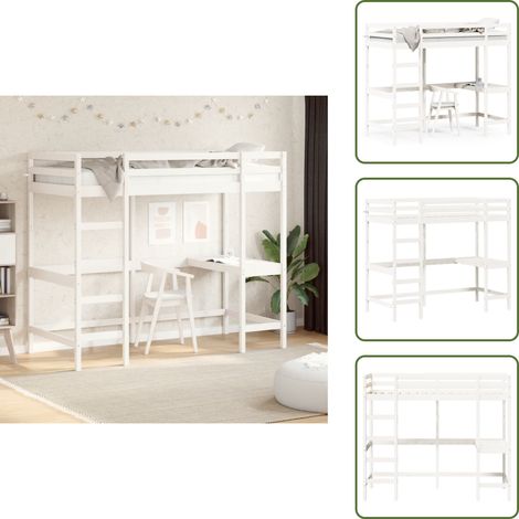 The Living Store Lit superposé sans matelas blanc 90x200 cm bois de pin massif - Lit Mezzanine - Lit Surélevé - Lit Enfant - Meuble Compact - Bureau Intégré