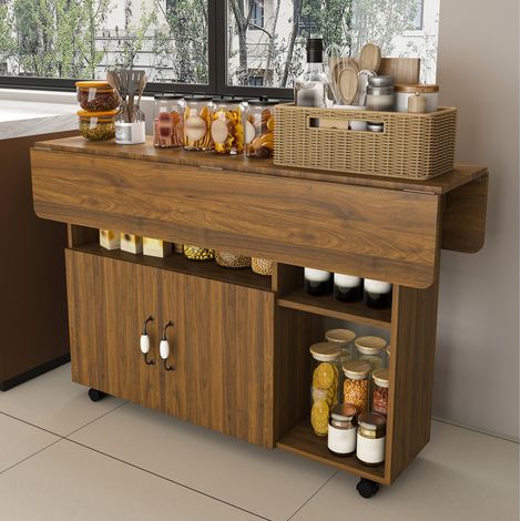 Carrello da cucina pieghevole 110x70 cm, carrello da cucina con contenitore e 5 ruote, 3 in 1, altezza 80 cm, MDF noce (1/5)