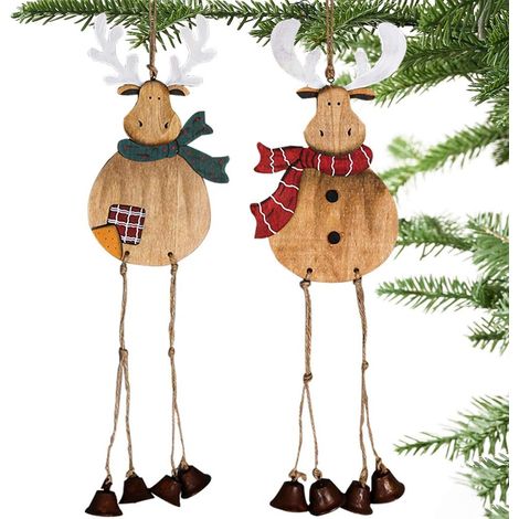 Ornement De Noël - Renne En Bois Artisanal - Avec Clochette Et Corde En Jute - Pour Porte Mur Extérieur - Lot De 2 (1/5)