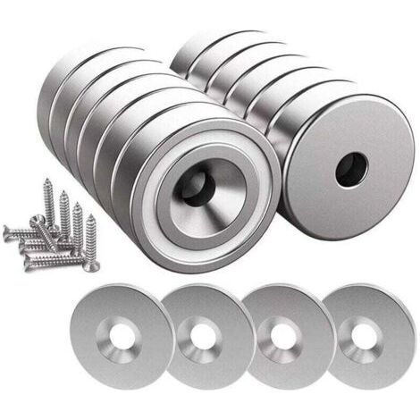 Green Mobility-12 aimants néodyme force 10 kg 20 x 7 mm avec trou et capsule, aimant à tête fraisée avec vis et 12 pastilles en acier (argent brillant) (1/4)
