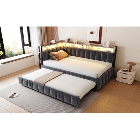 Lit escamotable 90x200cm avec couchage d'appoint, éclairage LED et rangements en tête et pied de lit, ports USB et Type-C intégrés. Canapé-lit simple en velours gris anthracite. (1/5)