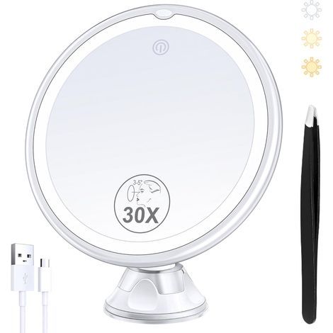 Vergrößerungsspiegel (30x), verstellbares Licht, 360°-Drehung, Saugnapf, 1500-mAh-Akku, Make-up (1/5)