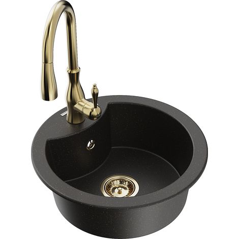 Mexen Diego lavello in granito a 1 vasca con miscelatore da cucina Savita, nero/oro metallizzato - 6512-75-672601-50 (1/5)