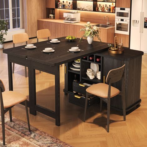 Îlot de cuisine extensible 120-197x80x73,8cm, table à manger pivotante à 360°, 2 tiroirs, range-bouteilles et rangements à portes coulissantes, noir (1/5)